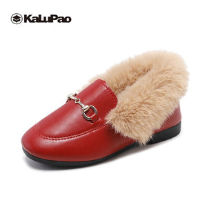 2019 New Kids Footwear Girls Loafers Casual Slip On Warm Winter Shoe Fashion Buckle Flat Fur Shoes Girls Cotton Shoes Red Brown